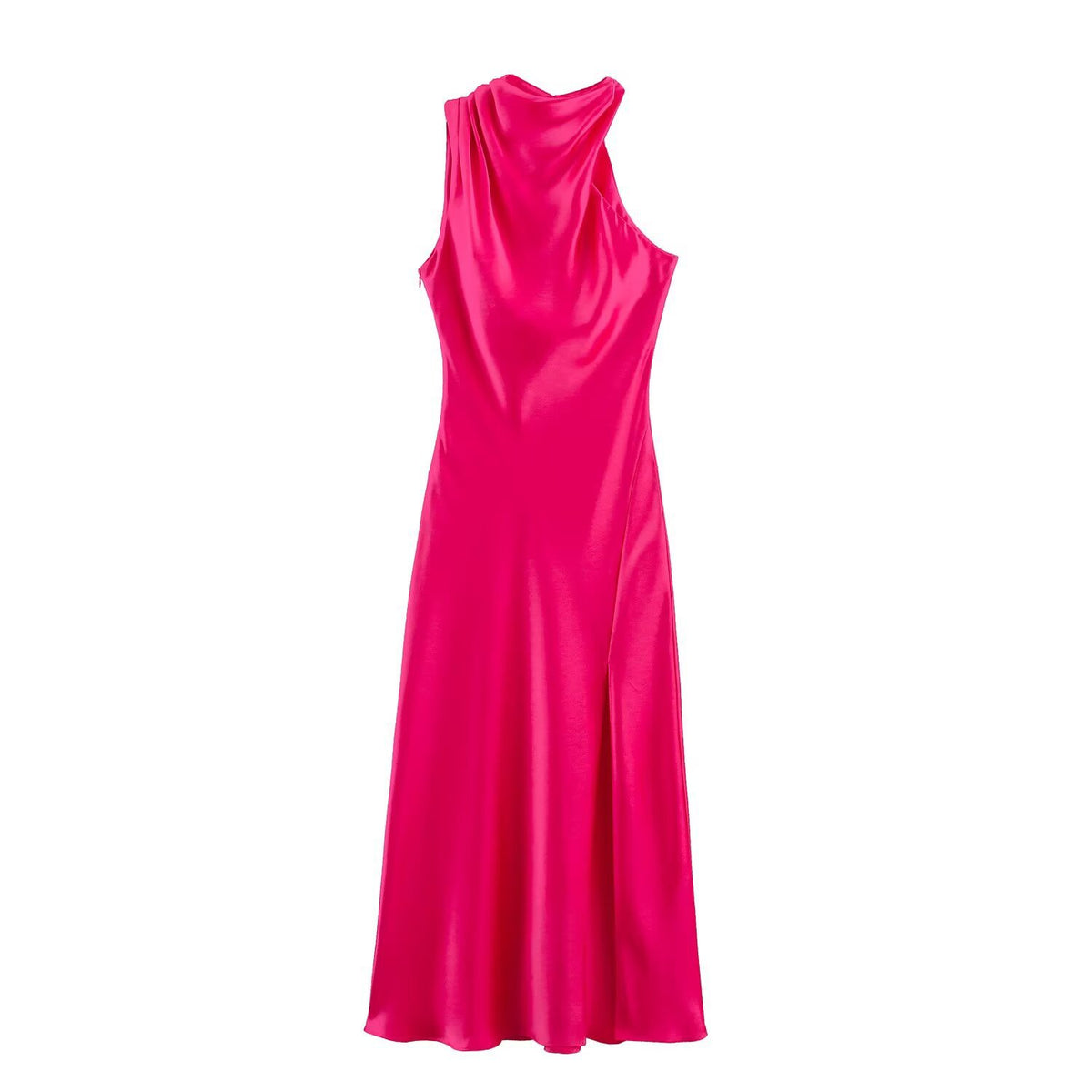 Lång satinklänning i cerise med draperad hals