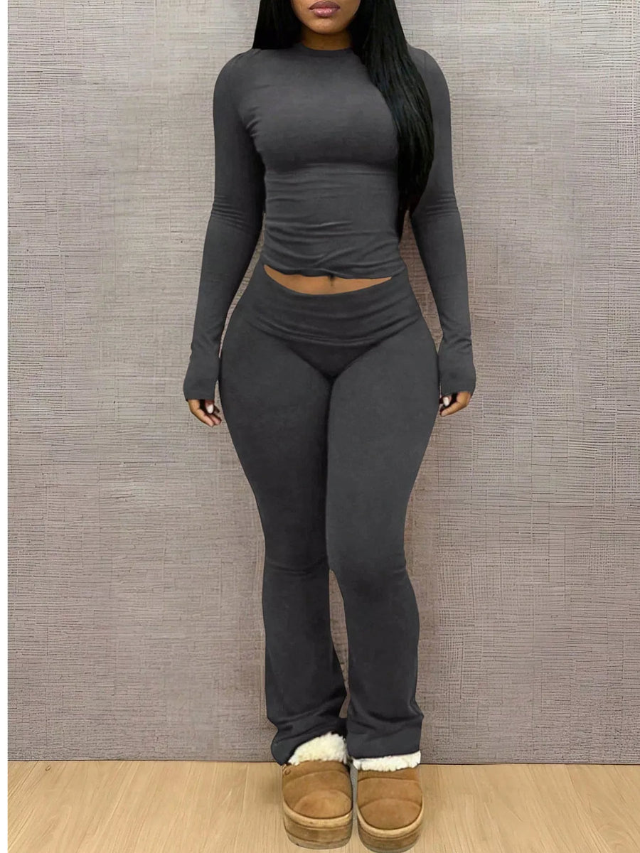 Slim-Fit Long Sleeve Crop Top and Leggings Lounge Set