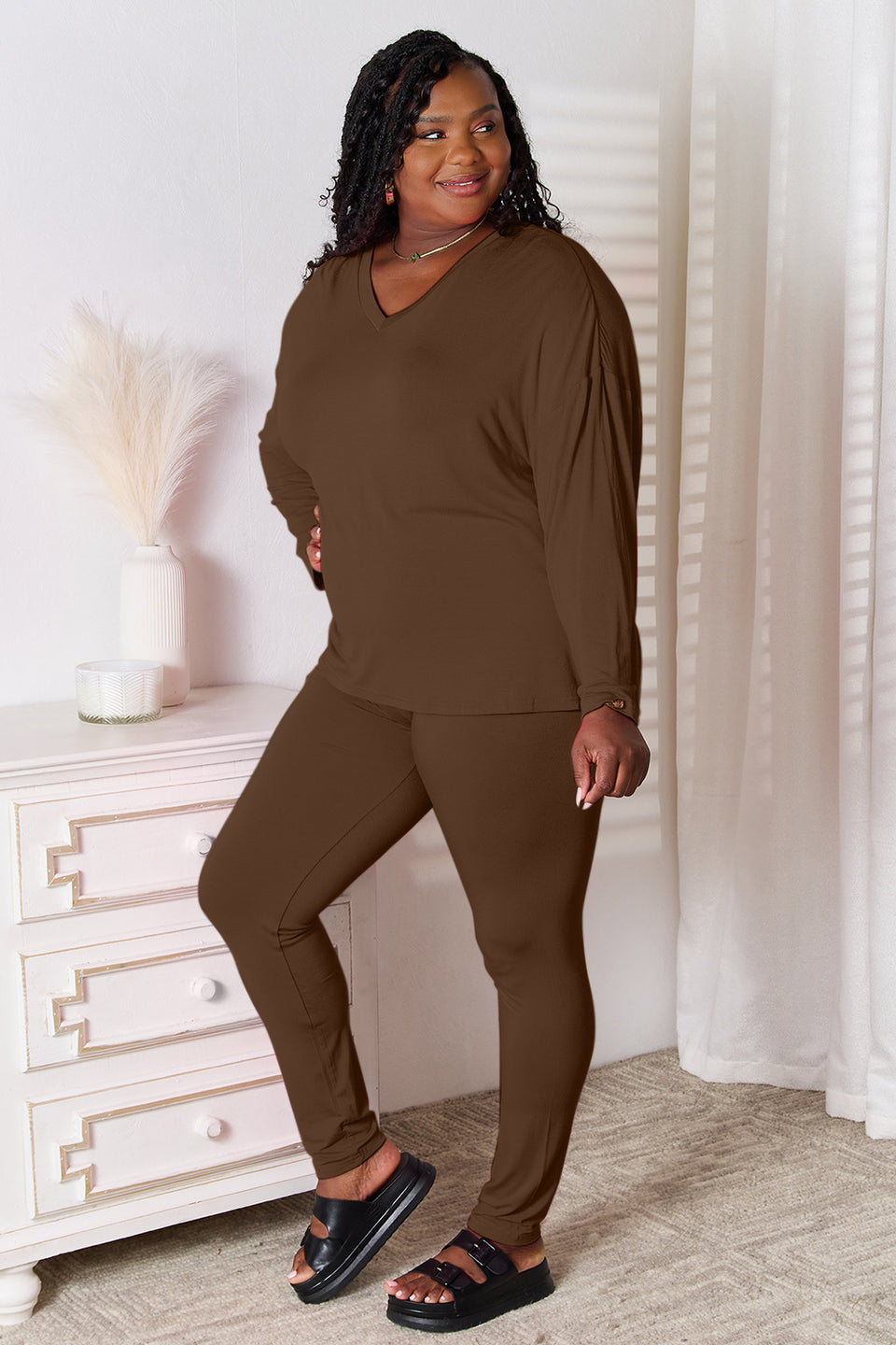 Basic Bae Soft Rayon V-Neck Top and Pants Lounge Set
