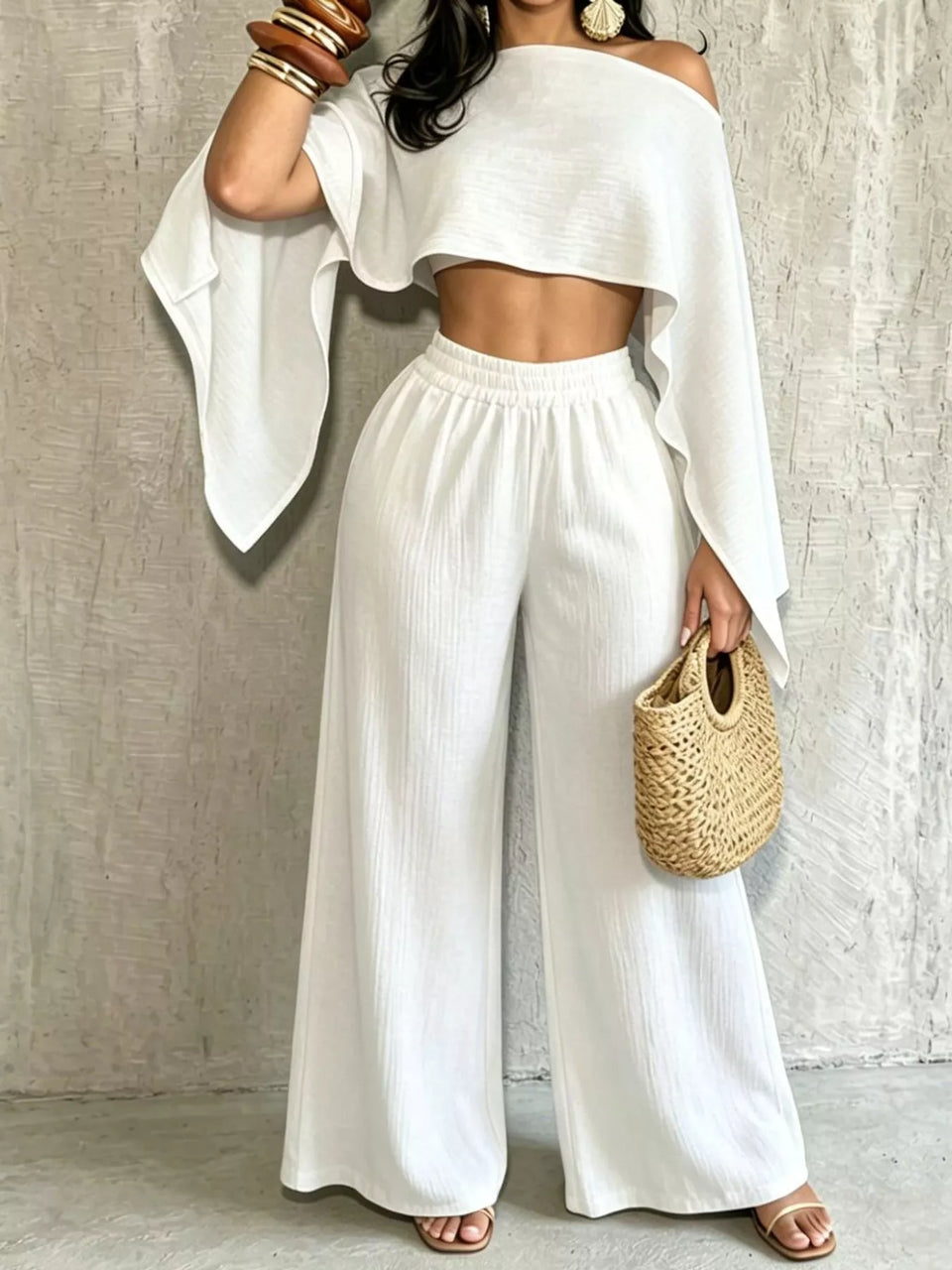 Boat Neck Crop Top and Wide-Leg Pants Set