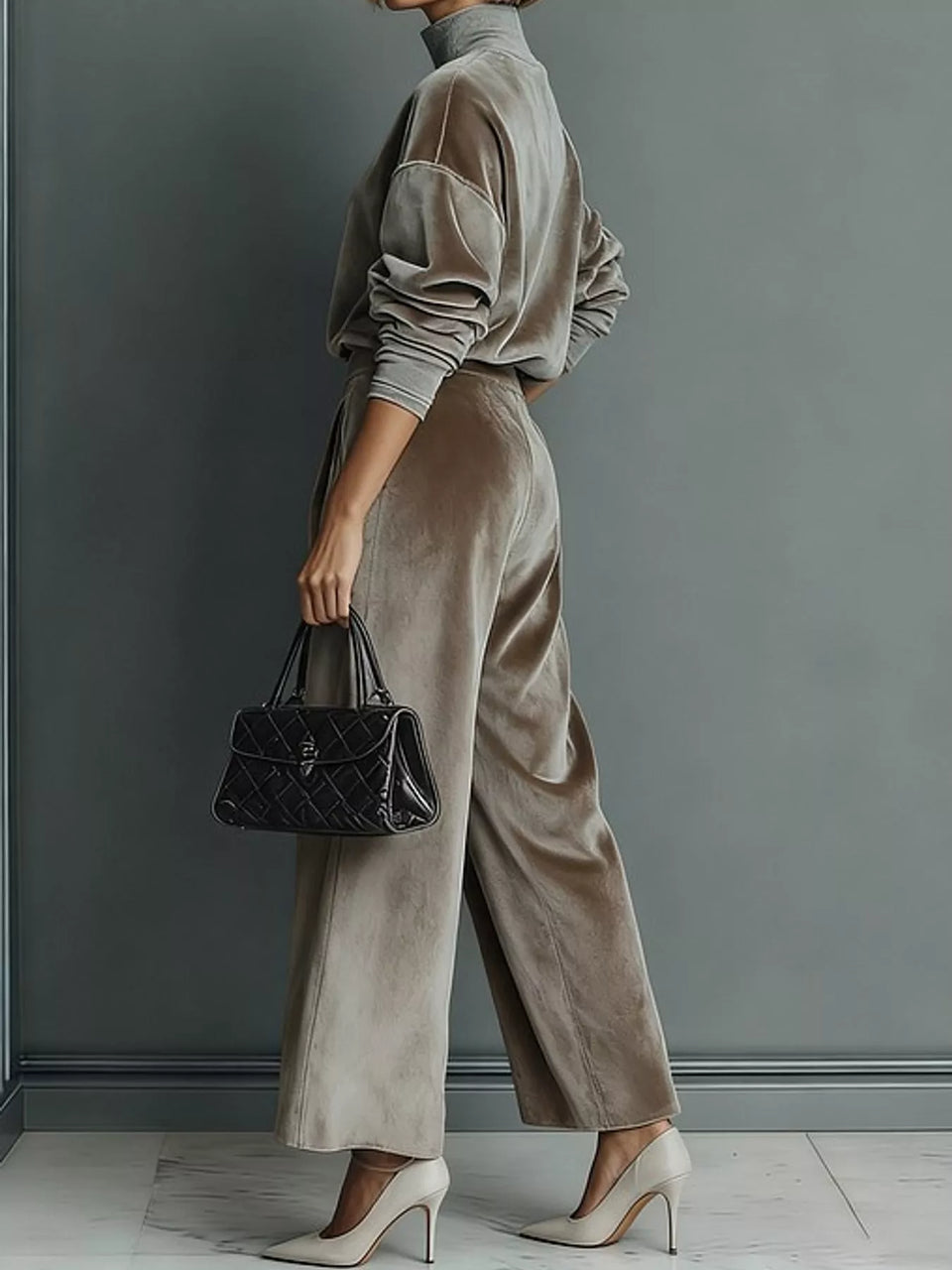 Velvet Mock Neck Long Sleeve Top and Wide-Leg Pants Set
