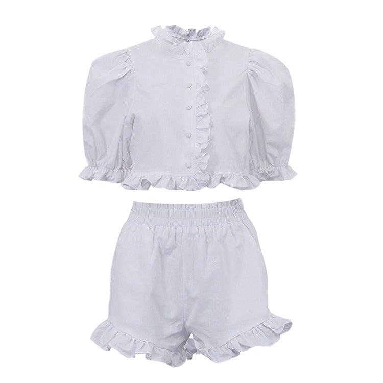 Vitt set med volangtopp och shorts i linnemix
