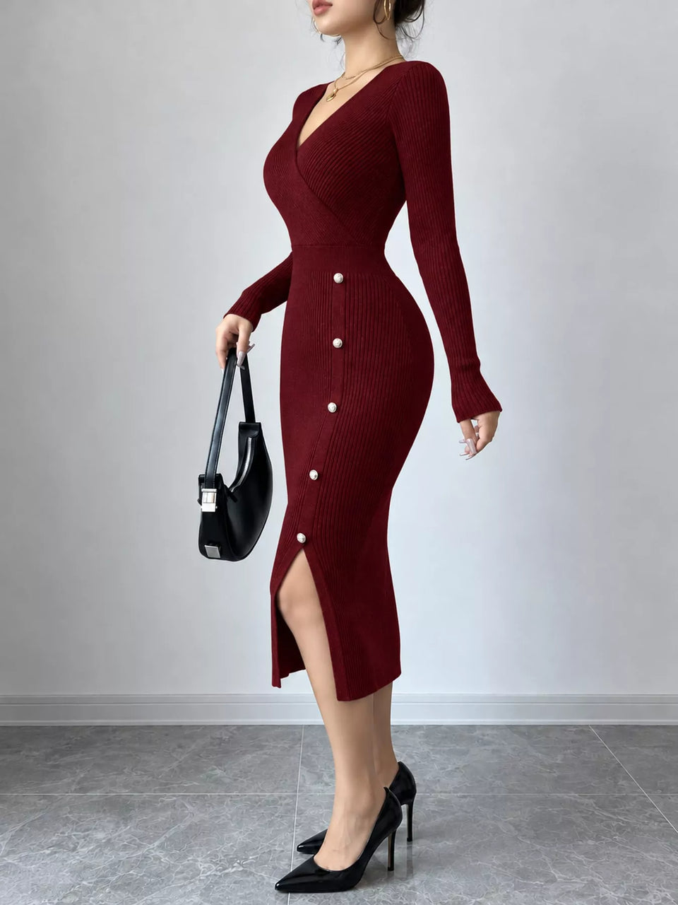 Decorative Button Ribbed Knit Sweater Dress