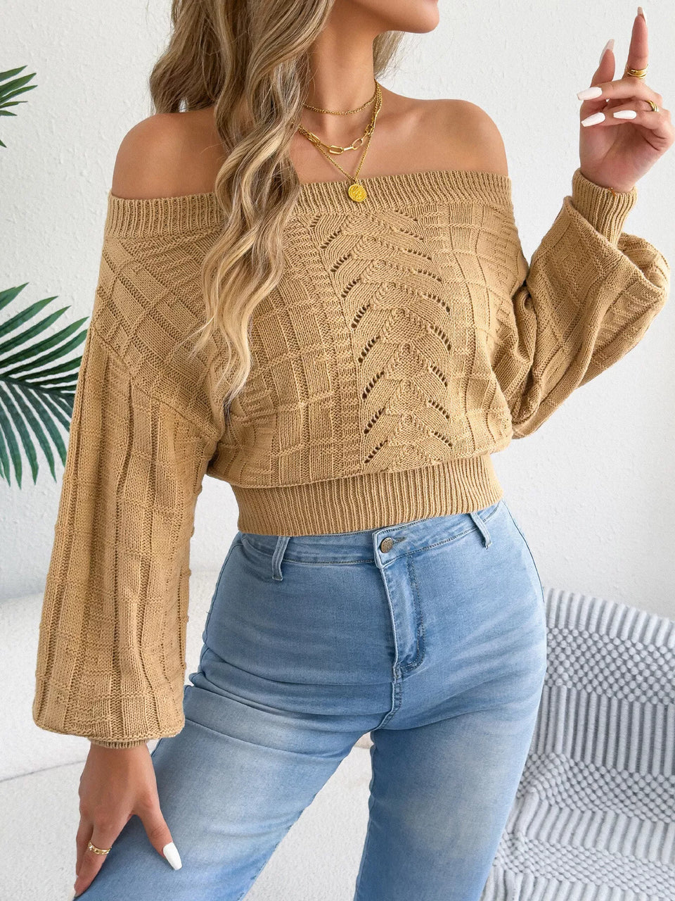 Off-Shoulder Openwork Cropped Sweater