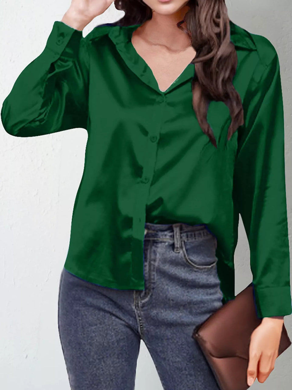 Satin Button-Down Long Sleeve Shirt
