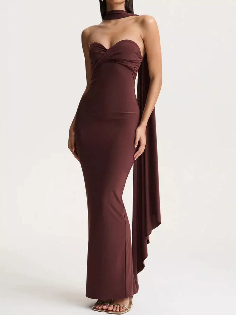 Strapless Ruched Bodycon Maxi Dress with Scarf