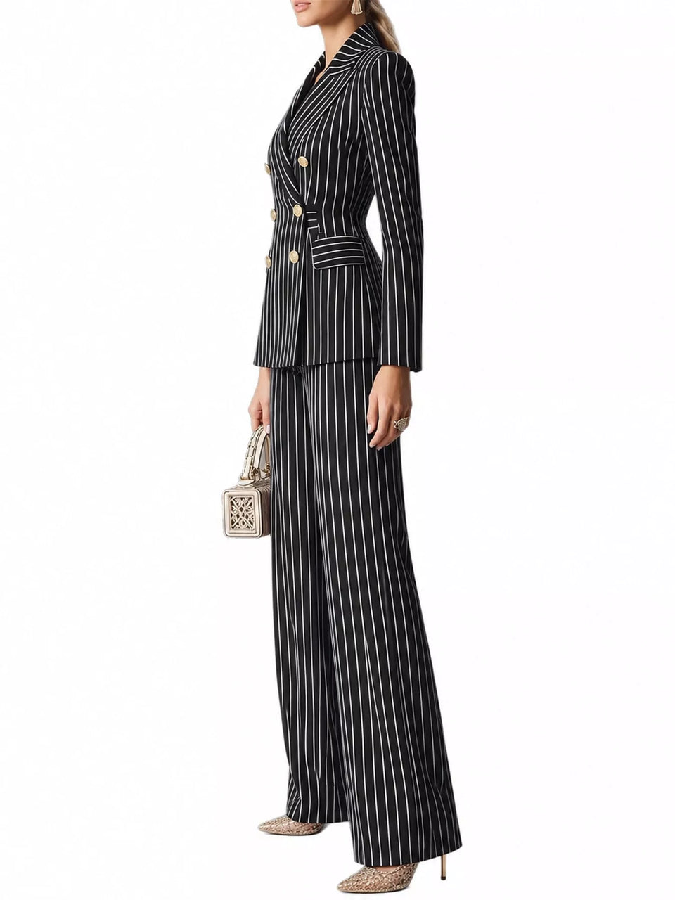 Double-Breasted Pinstripe Blazer and Wide-Leg Pants Set