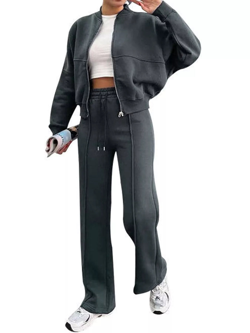 Casual Zip-Up Jacket and Wide-Leg Sweatpants Set