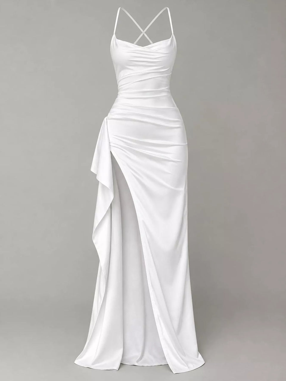 Satin Ruched High-Slit Maxi Dress