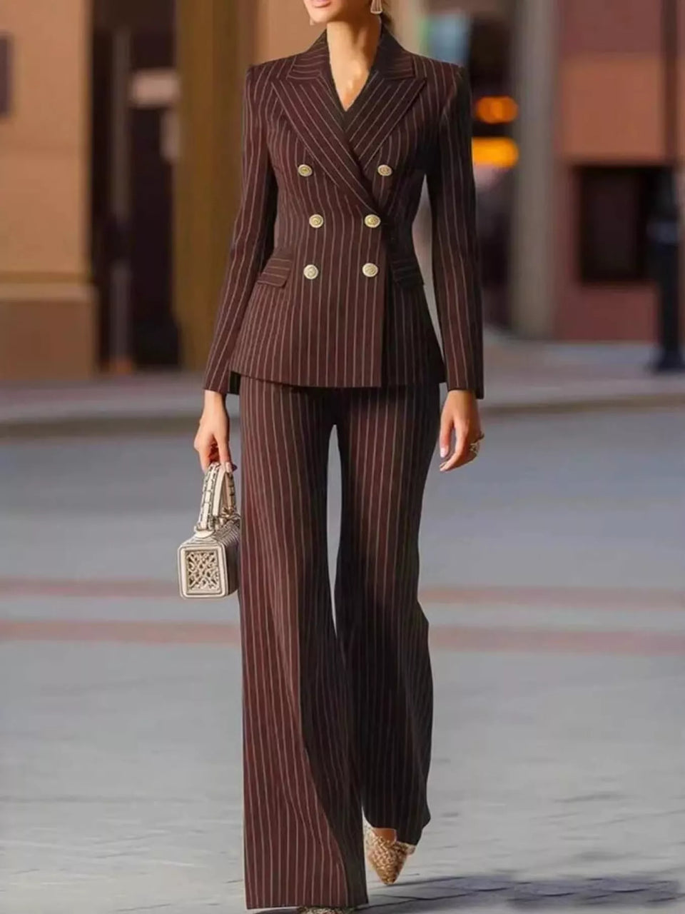 Double-Breasted Pinstripe Blazer and Wide-Leg Pants Set
