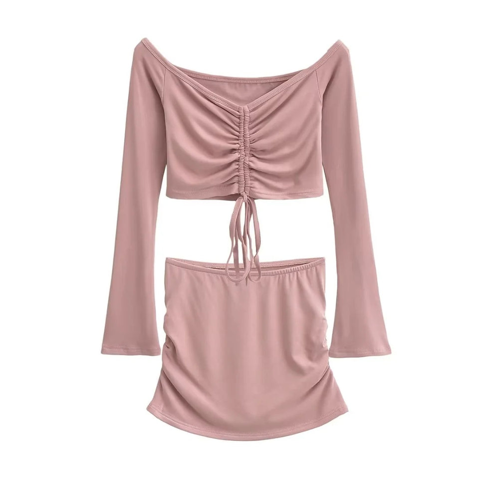 Set med off shoulder-topp och rynkad minikjol