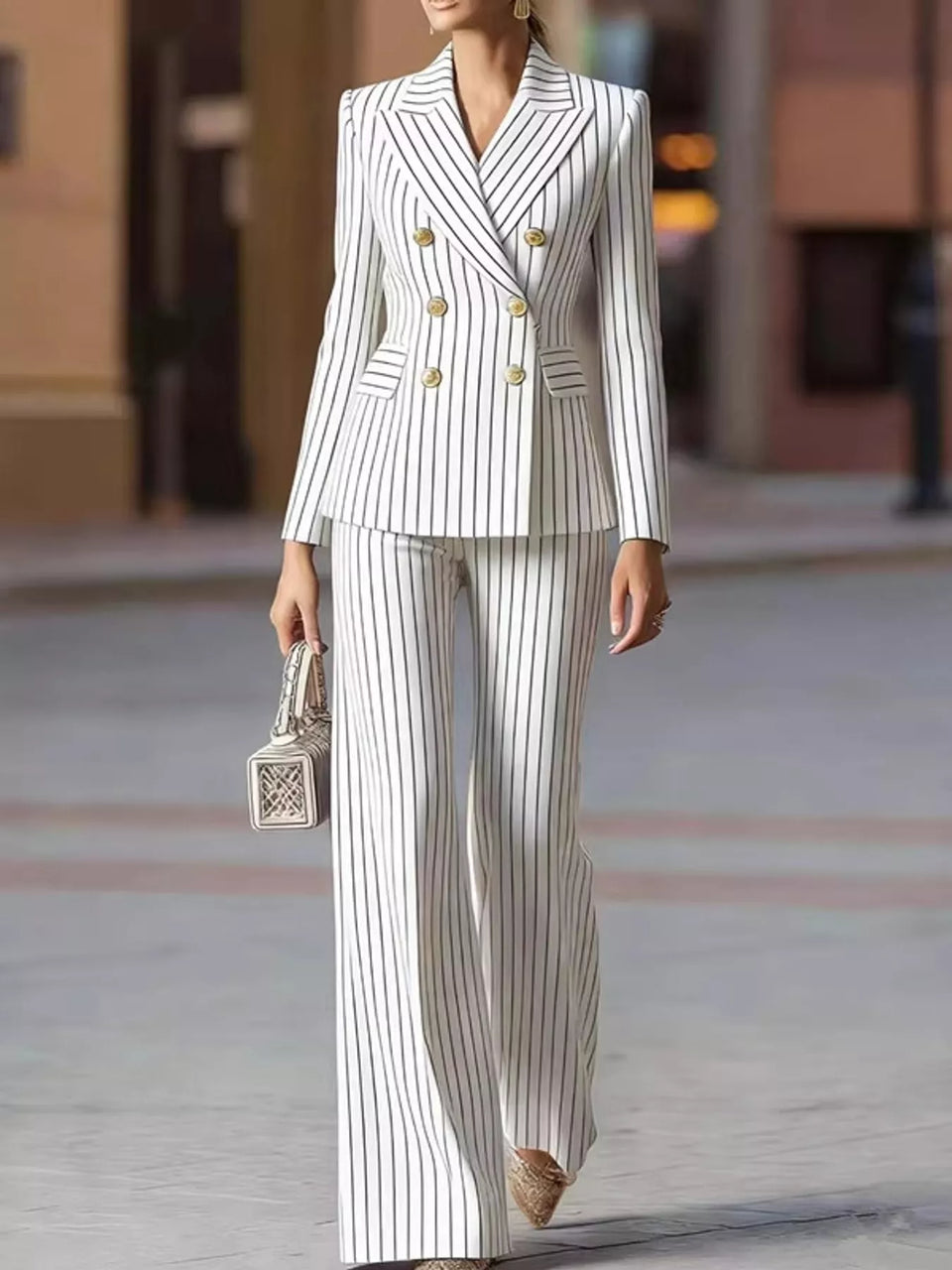 Double-Breasted Pinstripe Blazer and Wide-Leg Pants Set