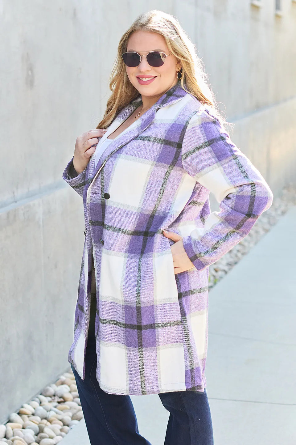 Double Take Plaid Button-Up Lapel Collar Coat