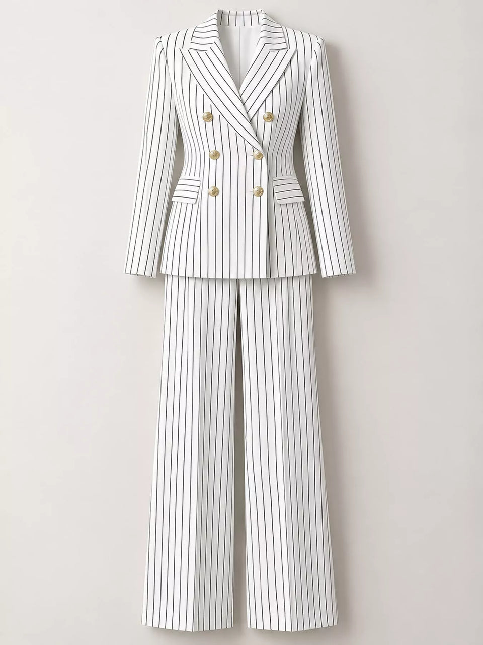 Double-Breasted Pinstripe Blazer and Wide-Leg Pants Set