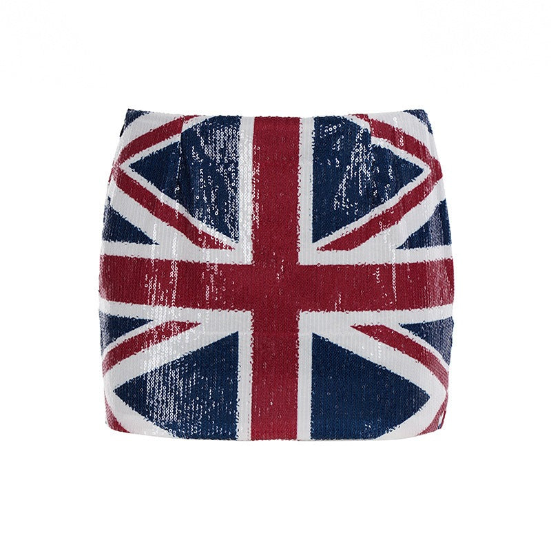 Paljettkjol i minimodell med Union Jack-tryck
