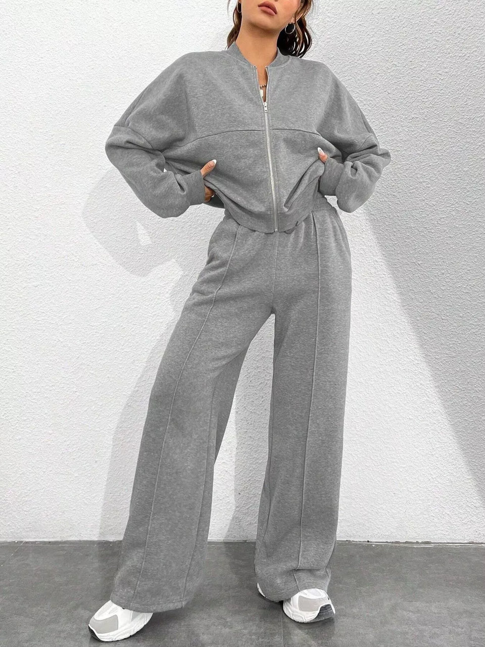 Casual Zip-Up Jacket and Wide-Leg Sweatpants Set