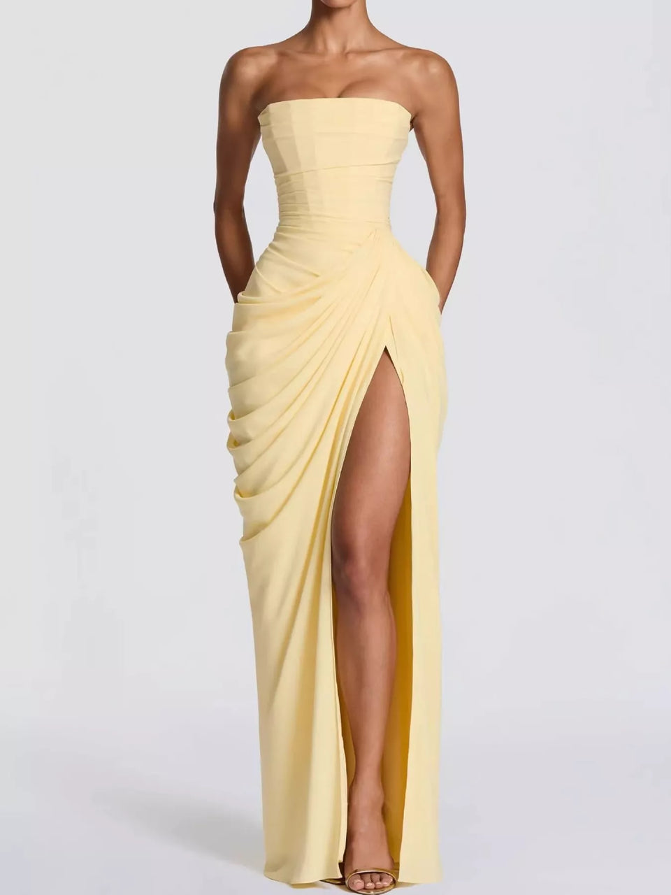 Elegant Strapless Ruched High-Slit Evening Dress