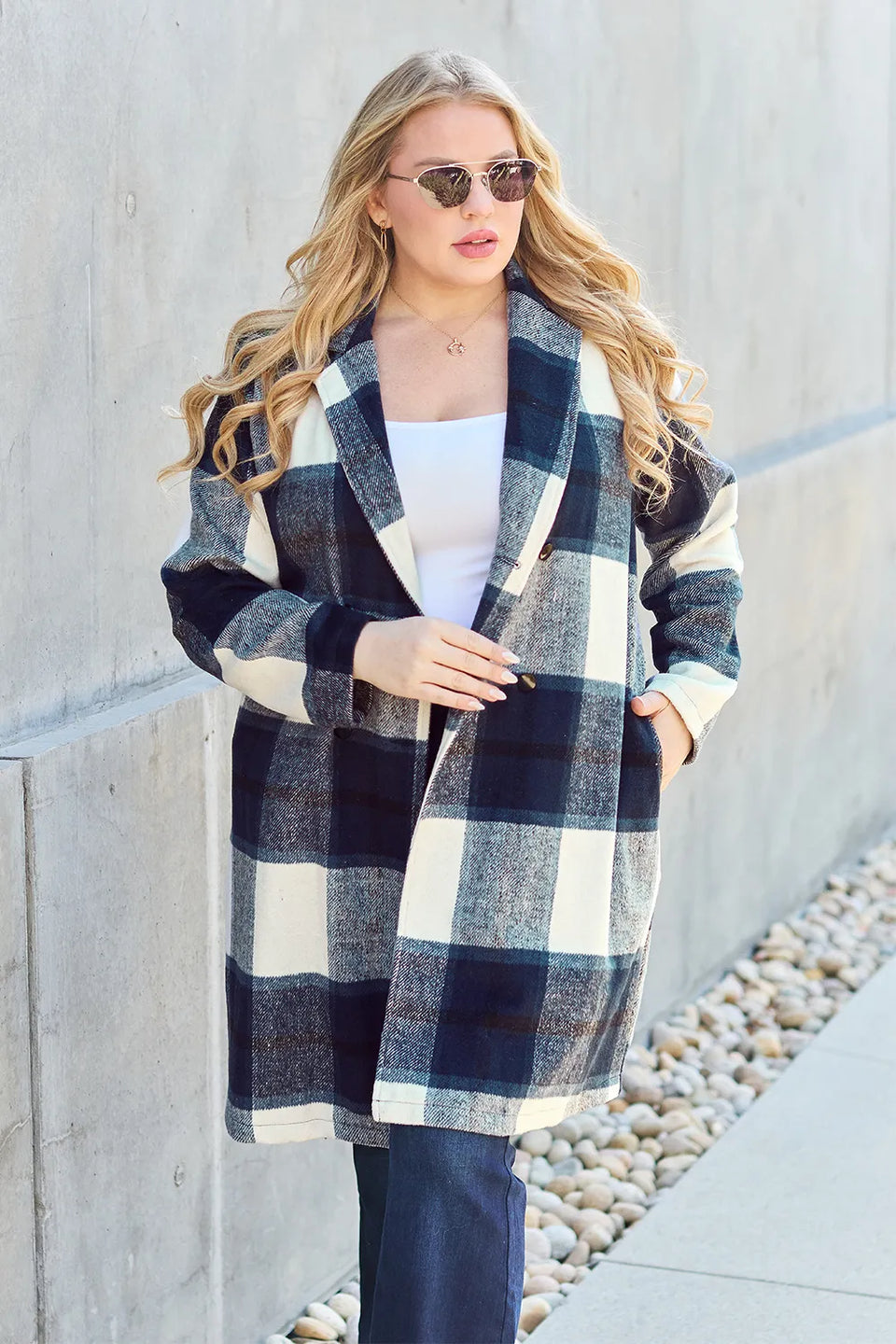 Double Take Plaid Button-Up Lapel Collar Coat