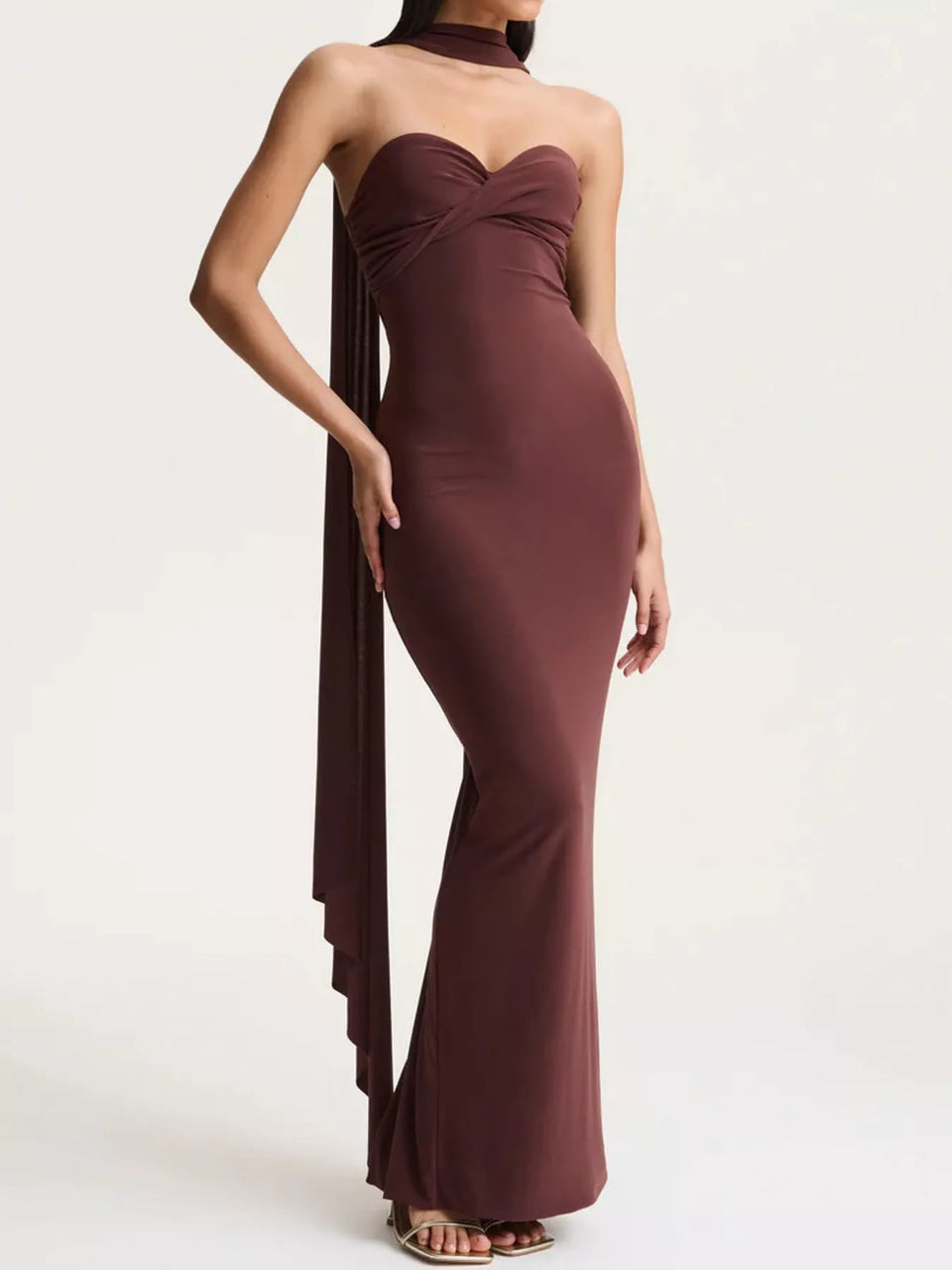 Strapless Ruched Bodycon Maxi Dress with Scarf