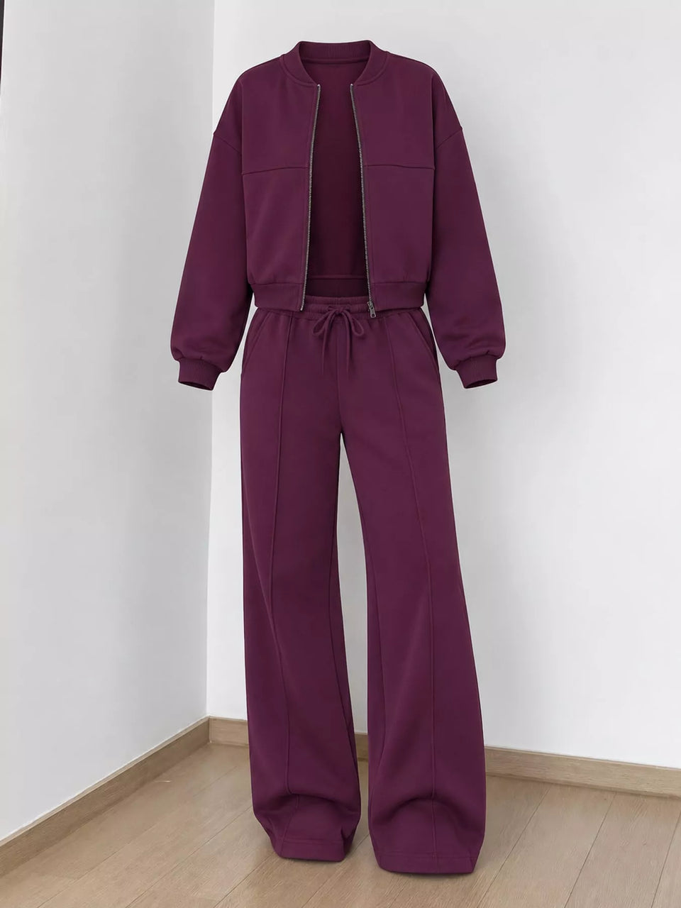 Casual Zip-Up Jacket and Wide-Leg Sweatpants Set