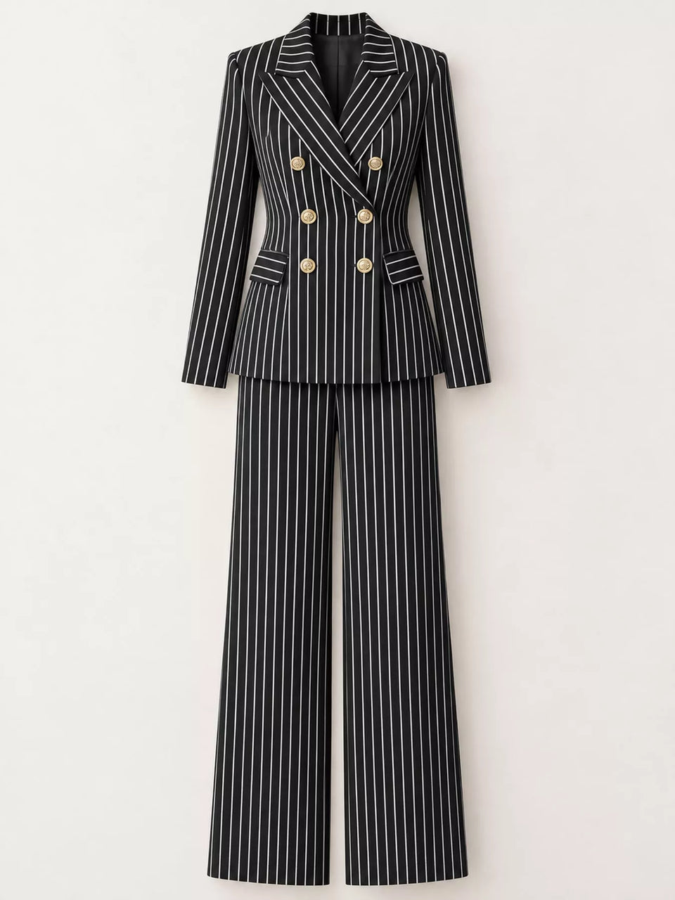 Double-Breasted Pinstripe Blazer and Wide-Leg Pants Set