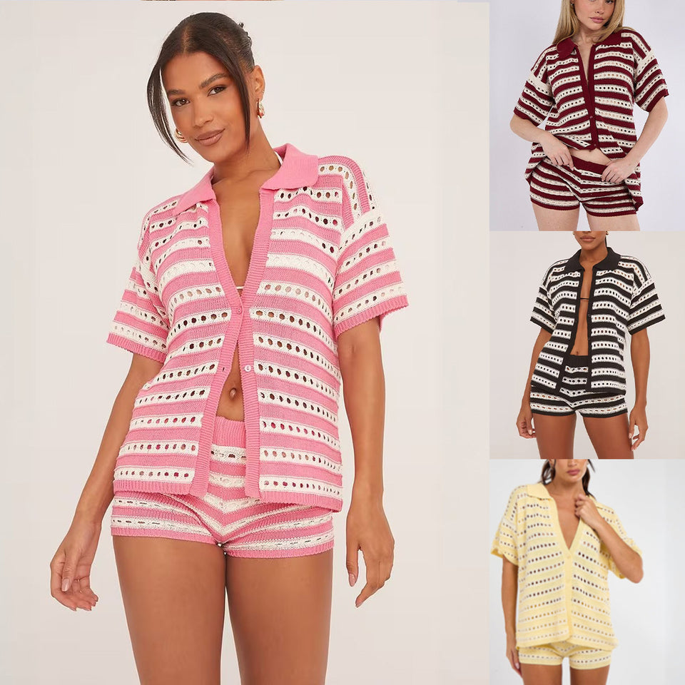 Stickat set med skjorta och shorts