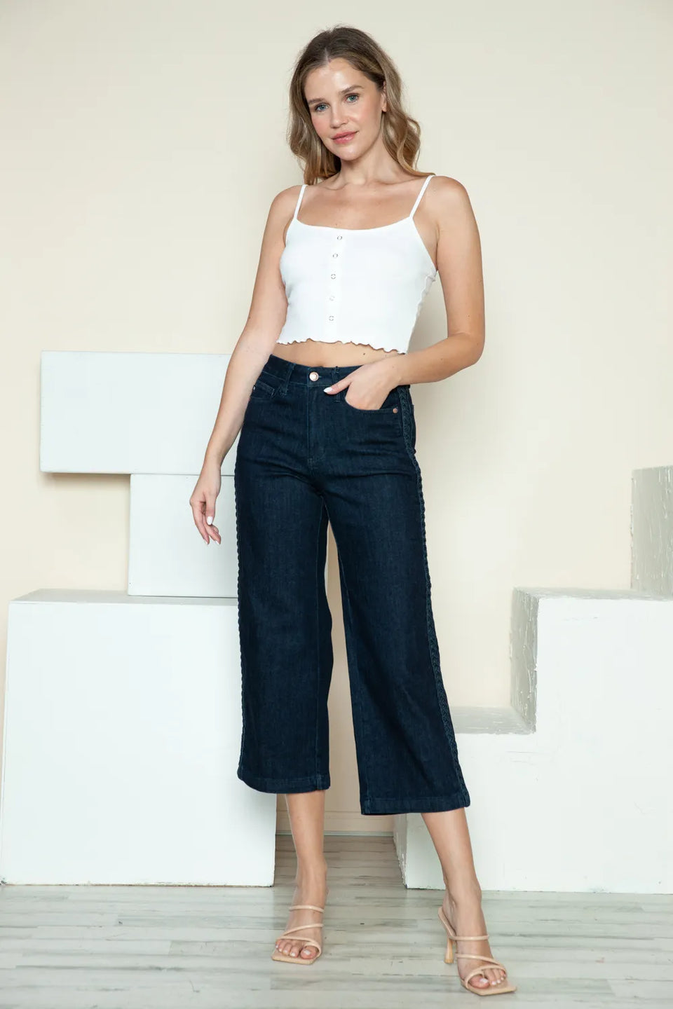 Judy Blue Side Seam Braid Crop Wide Leg Jeans