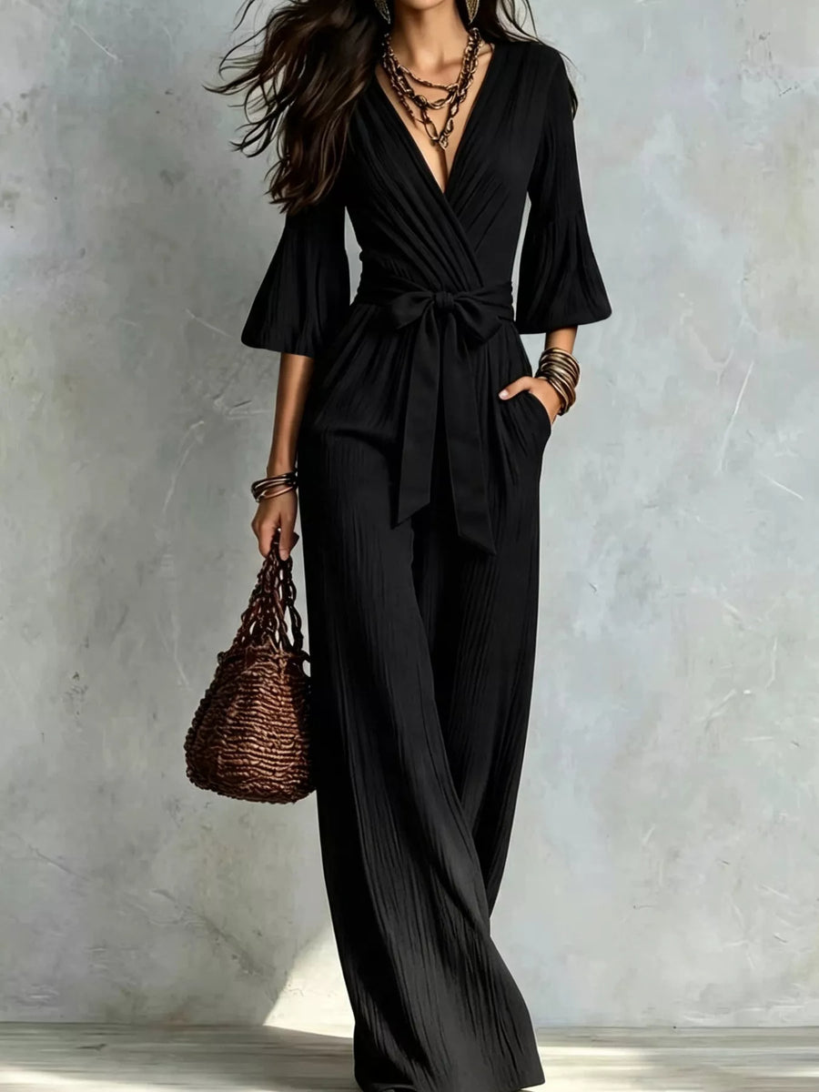 Pleated Wide-Leg Jumpsuit with Tie-Waist
