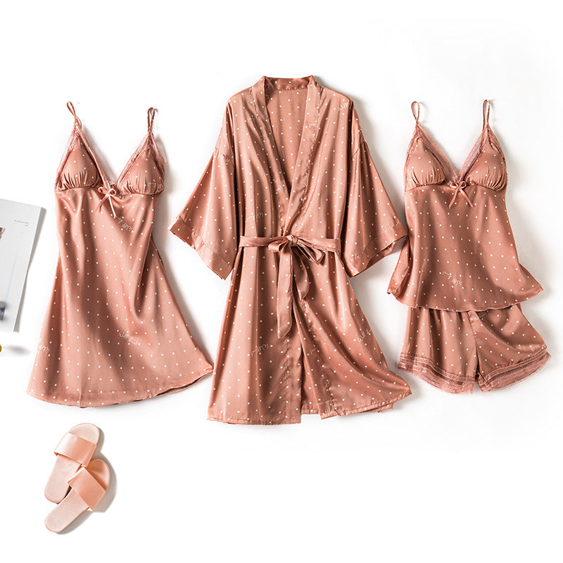 Pyjamasset i satin med prickar – 4 delar