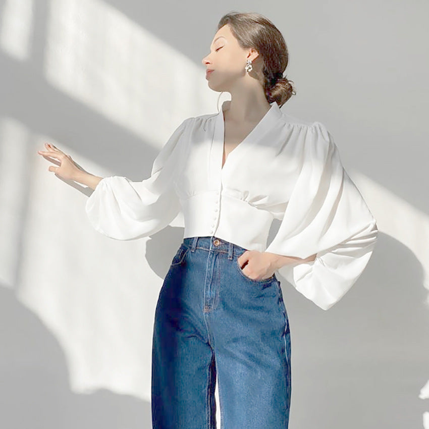 Elegant blus med V-ringning och lyktärm