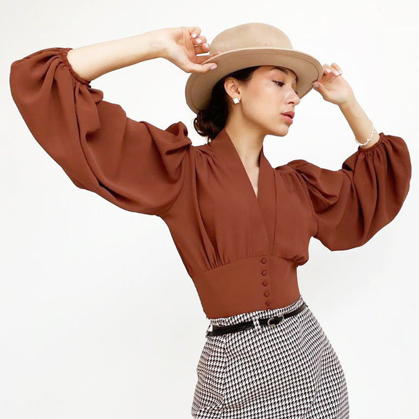 Elegant blus med V-ringning och lyktärm