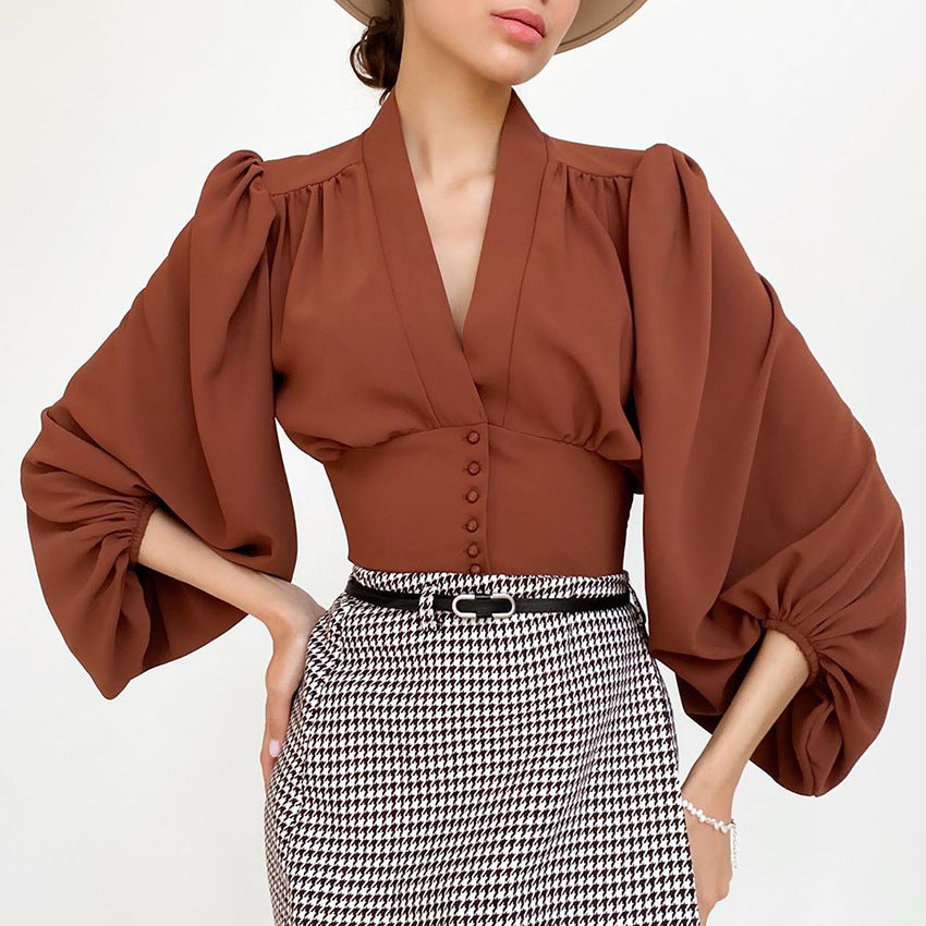 Elegant blus med V-ringning och lyktärm