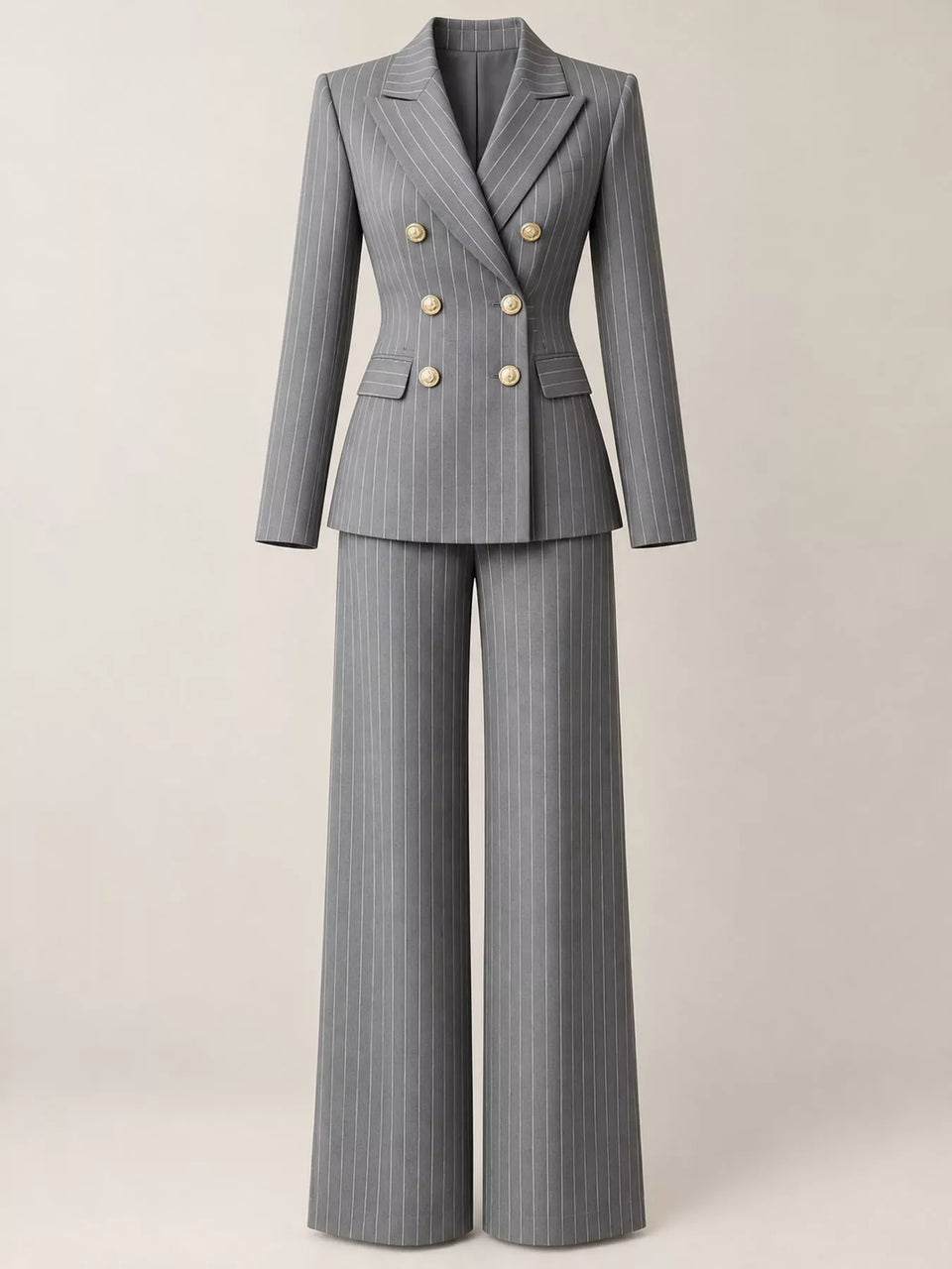 Double-Breasted Pinstripe Blazer and Wide-Leg Pants Set