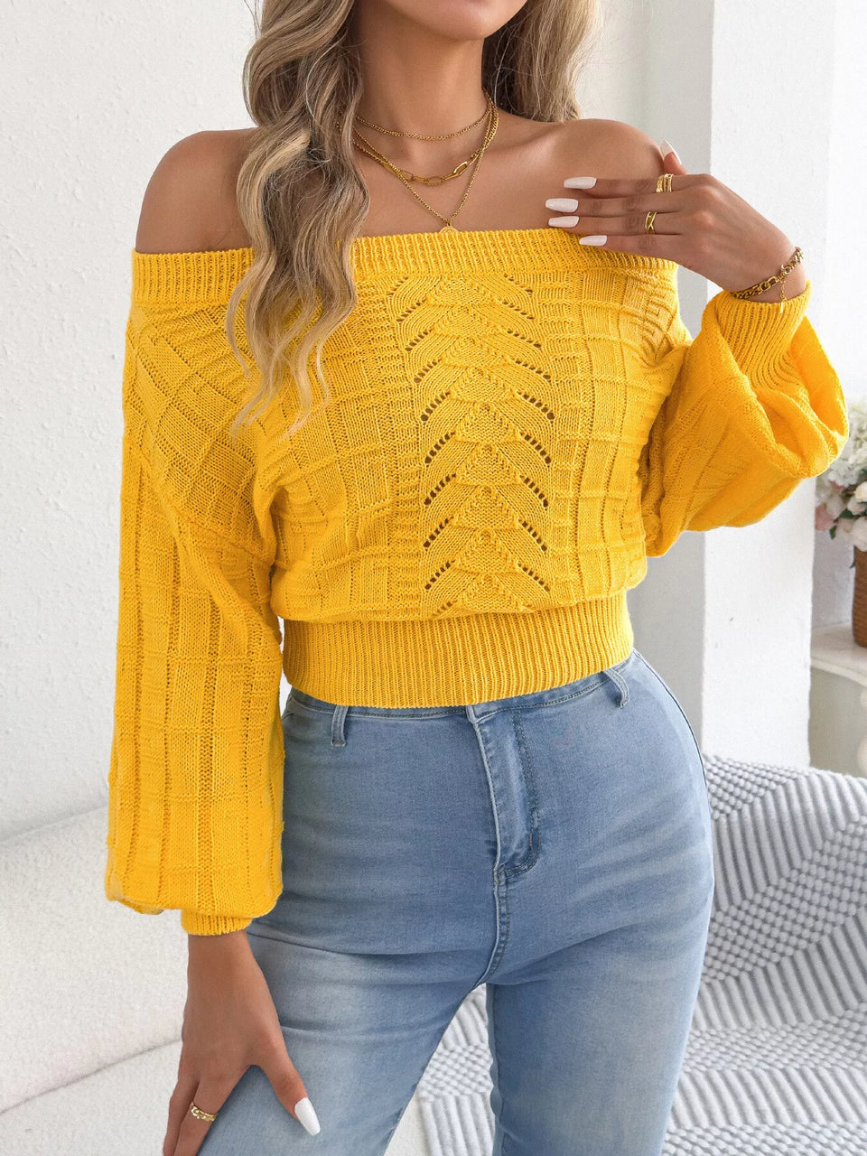 Off-Shoulder Openwork Cropped Sweater