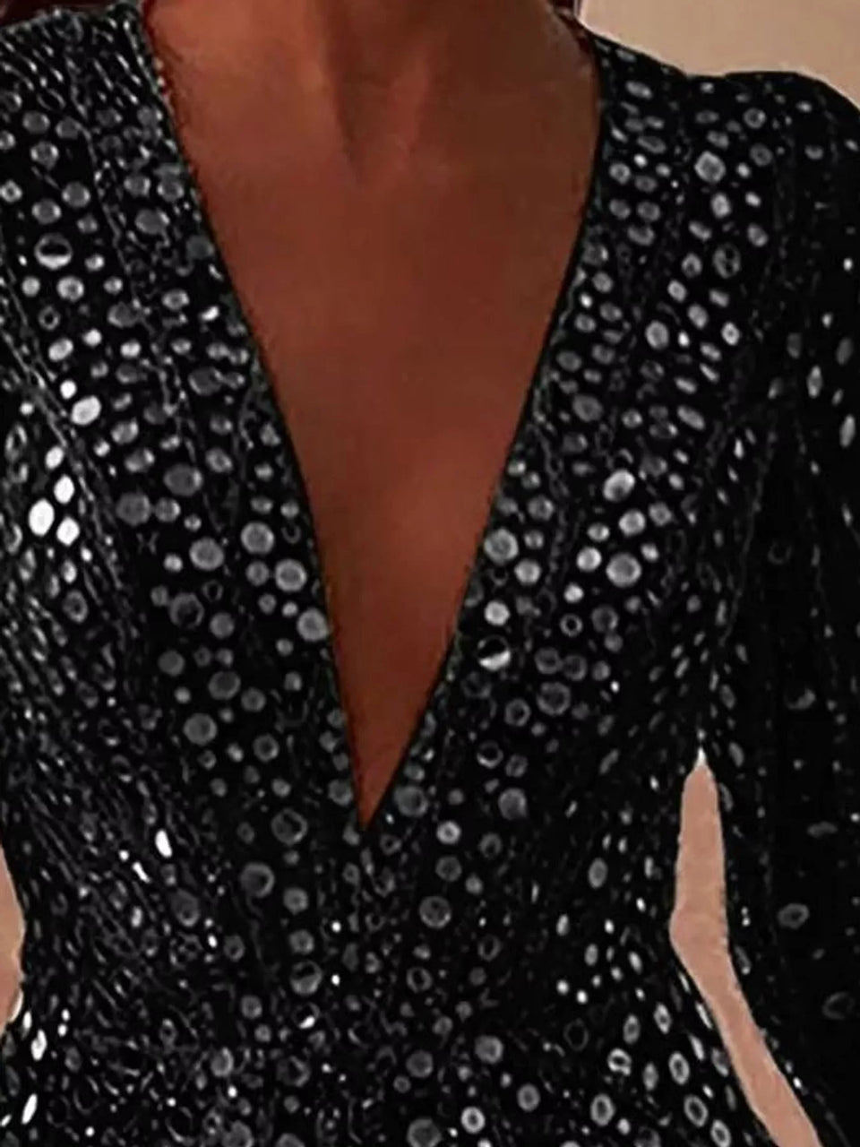 V-Neck Sequin Embellished Long Sleeve Mini Dress