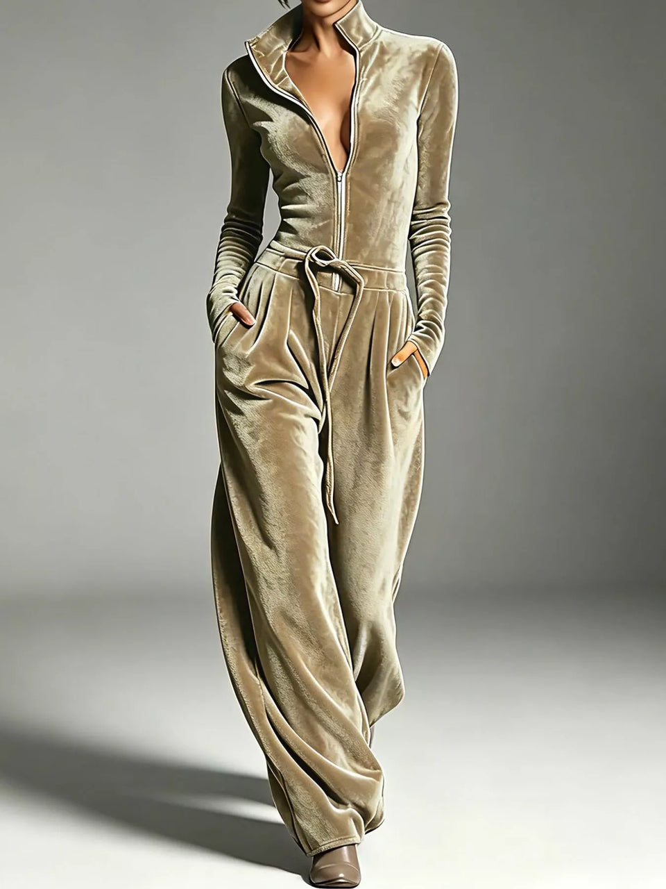 Velvet Zip-Up Jumpsuit with Tie-Waist