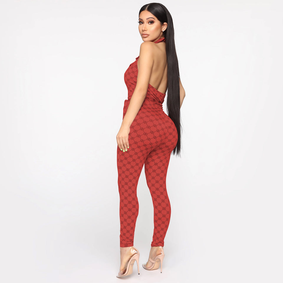 Mönstrad halterneck-jumpsuit med djup v-ringning