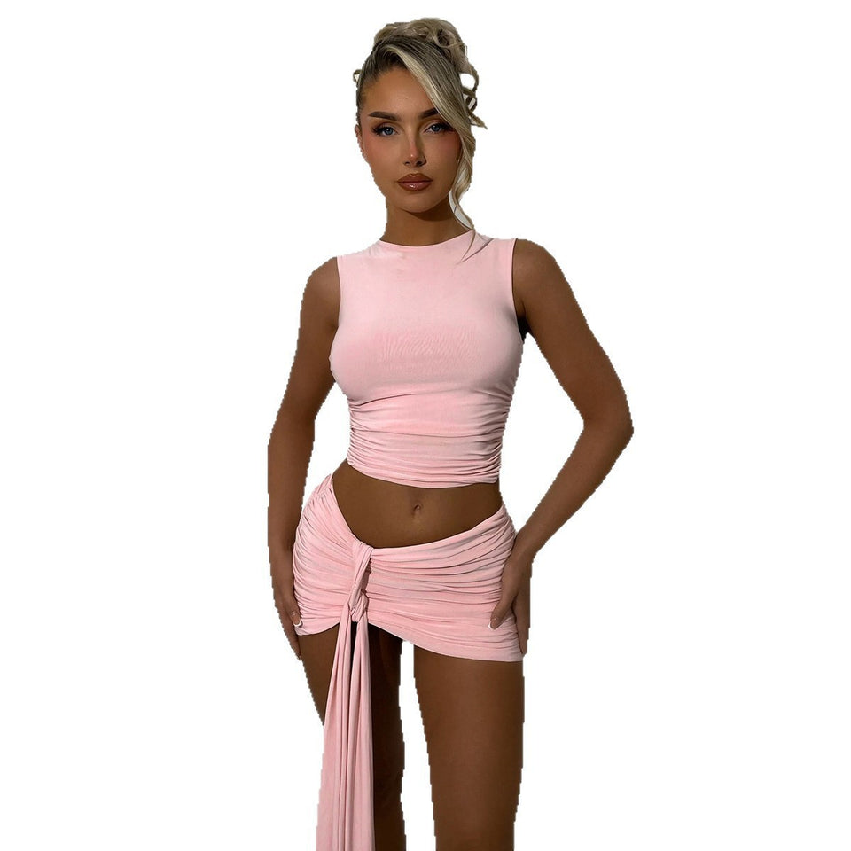Rosa set med kort linne och knytkjol
