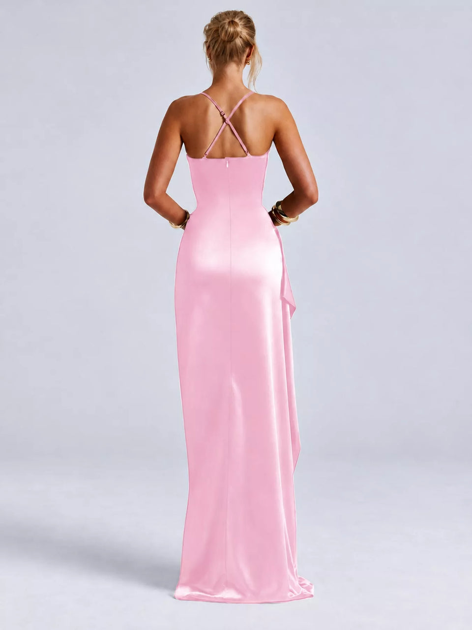 Satin Ruched High-Slit Maxi Dress