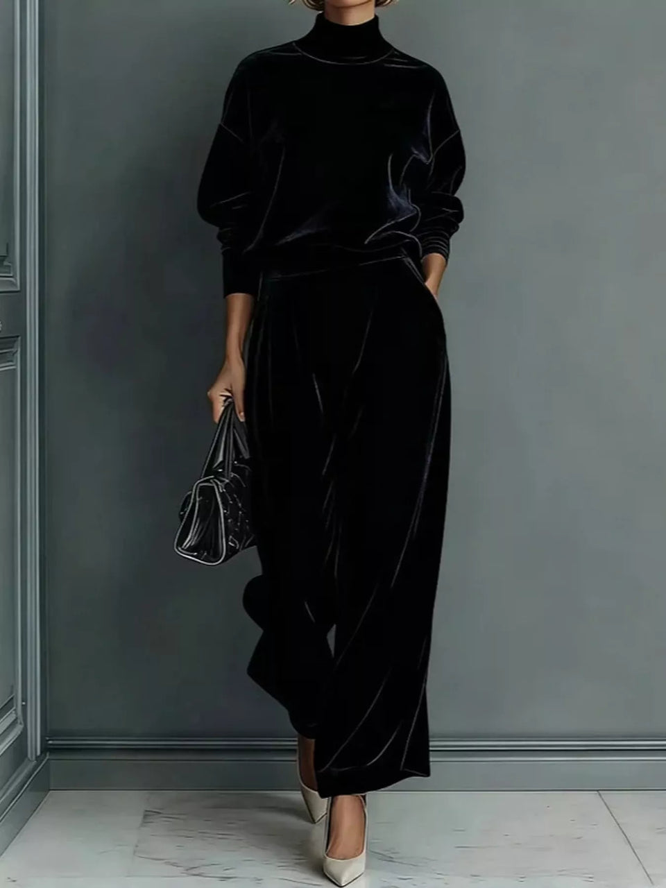 Velvet Mock Neck Long Sleeve Top and Wide-Leg Pants Set