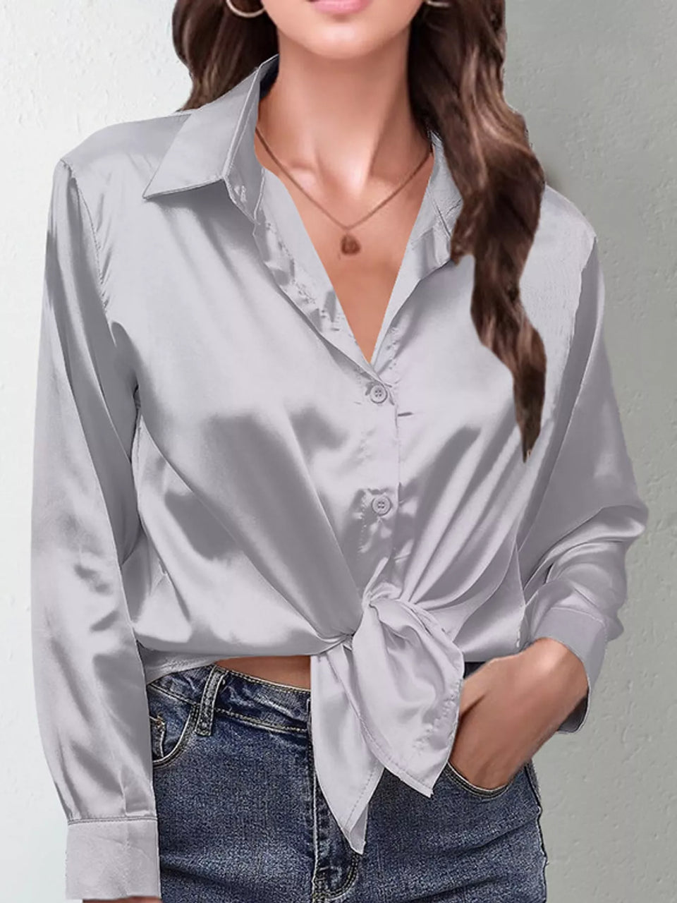 Satin Button-Down Long Sleeve Shirt