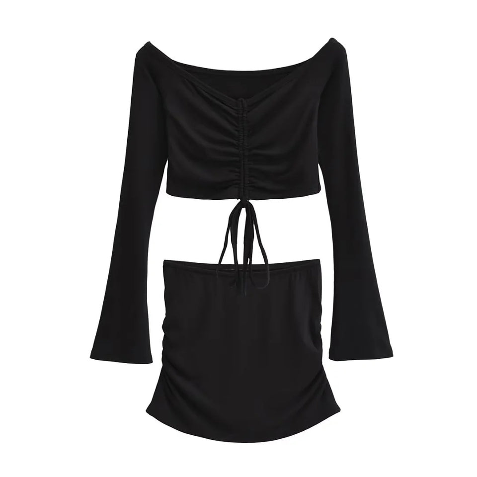 Set med off shoulder-topp och rynkad minikjol