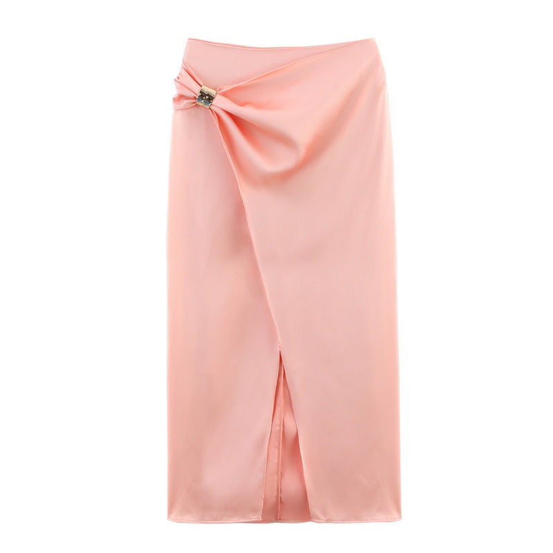 Midikjol i satin med draperad knut