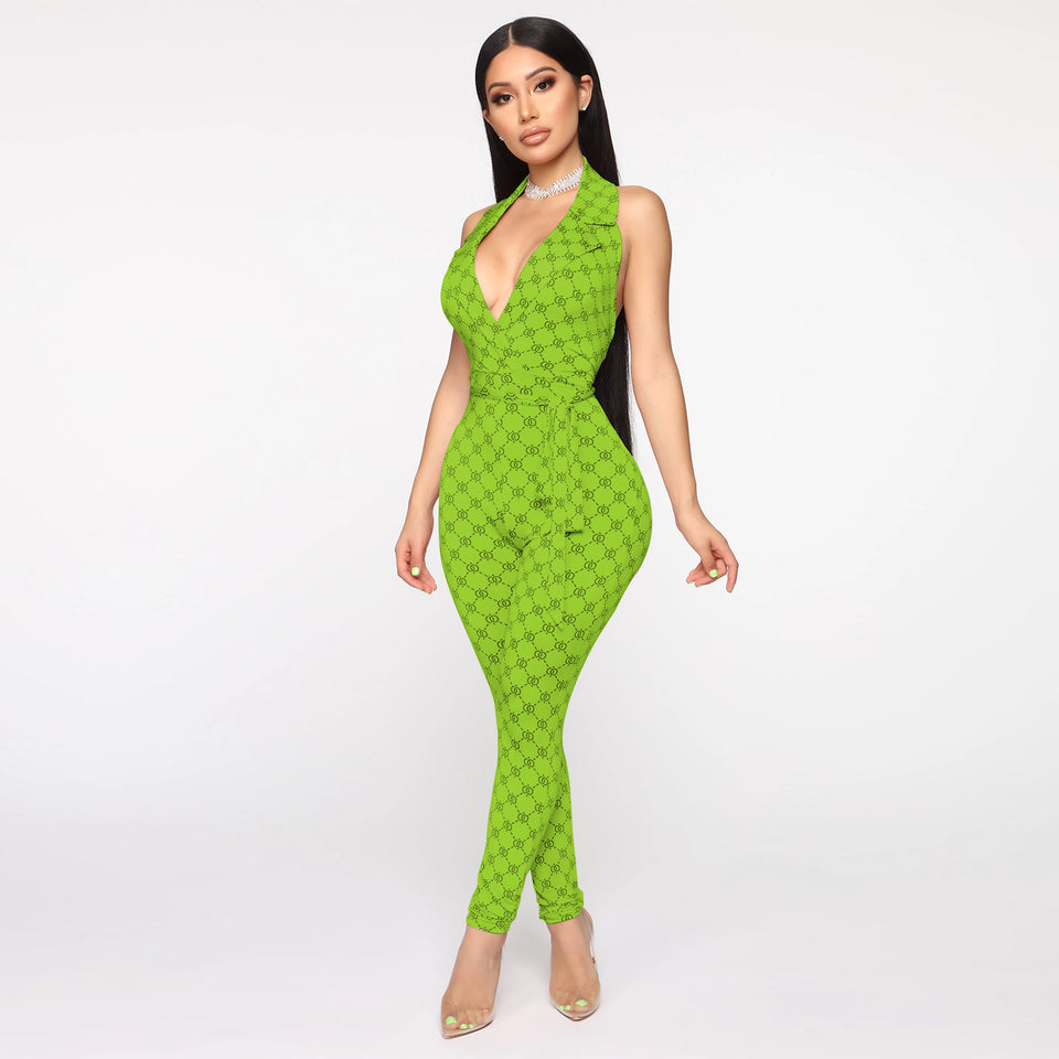 Mönstrad halterneck-jumpsuit med djup v-ringning