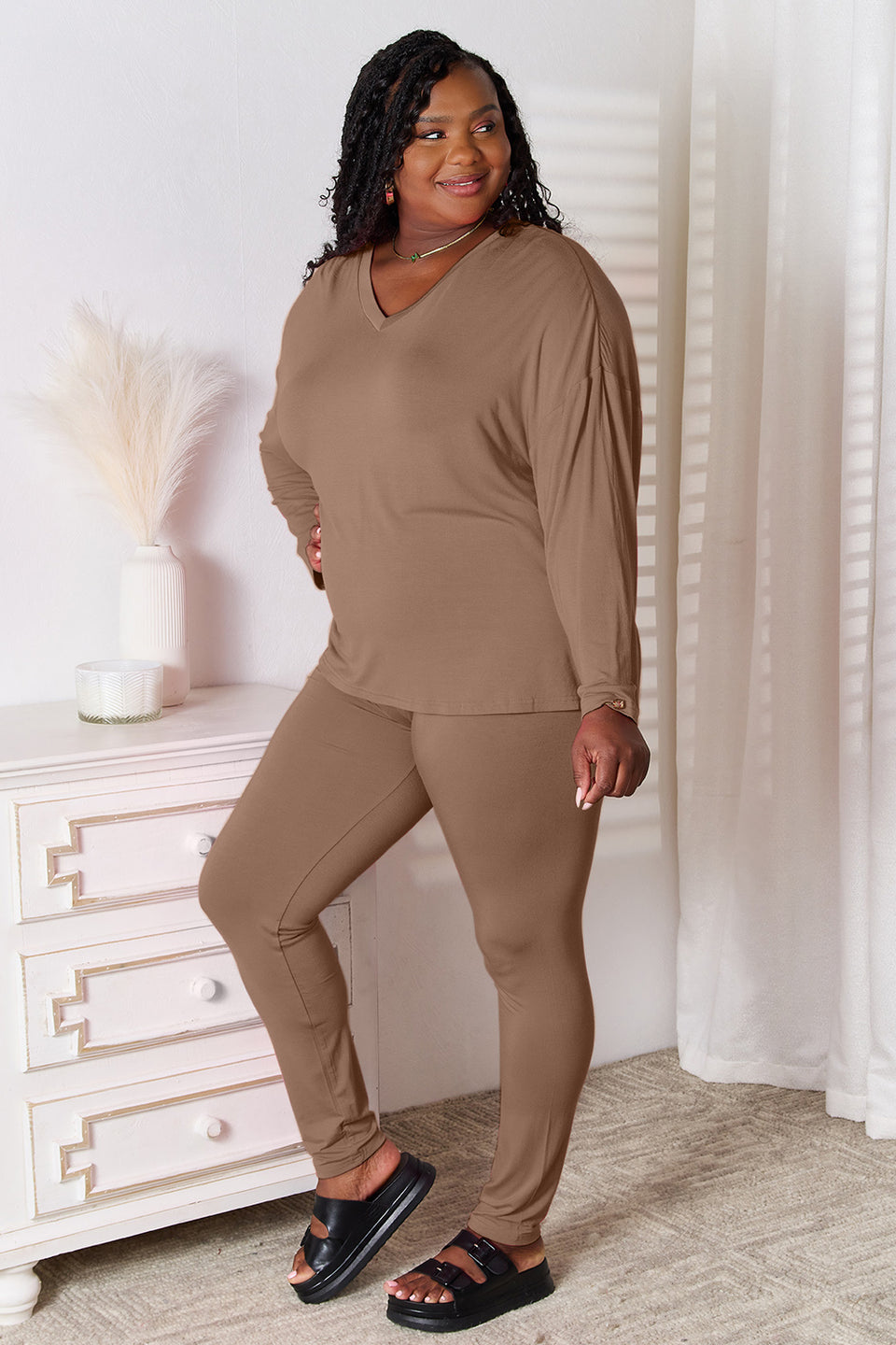 Basic Bae Soft Rayon V-Neck Top and Pants Lounge Set