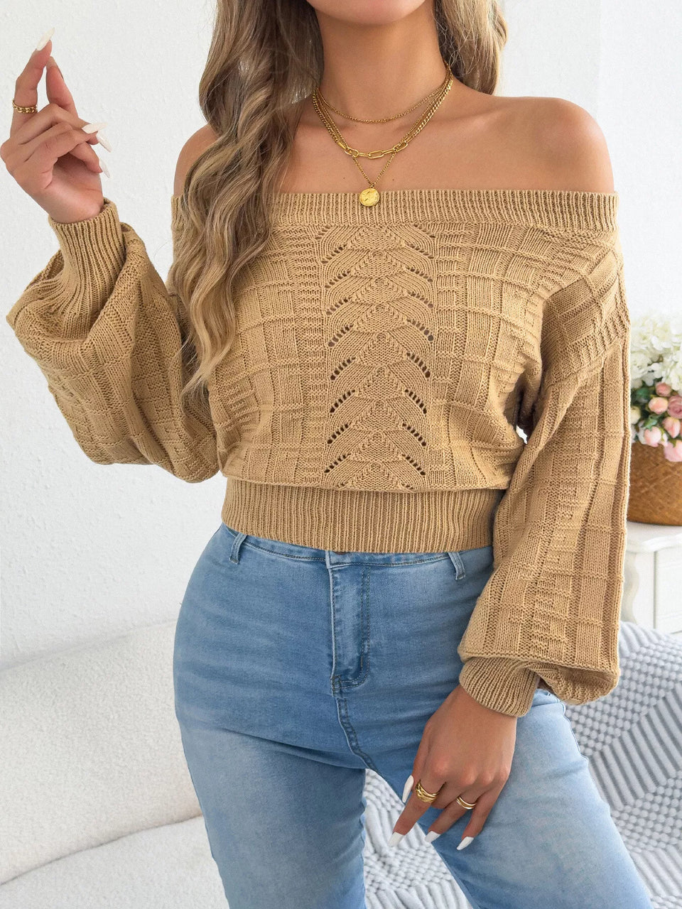 Off-Shoulder Openwork Cropped Sweater