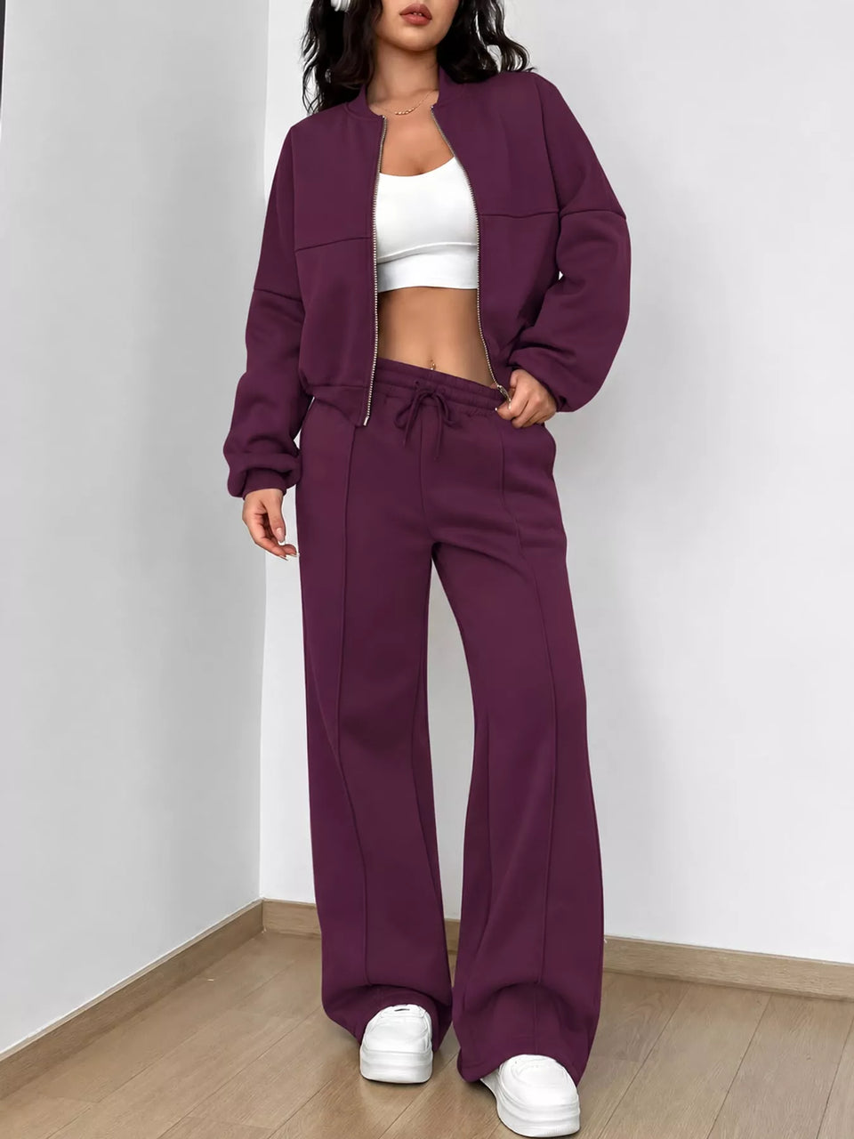 Casual Zip-Up Jacket and Wide-Leg Sweatpants Set