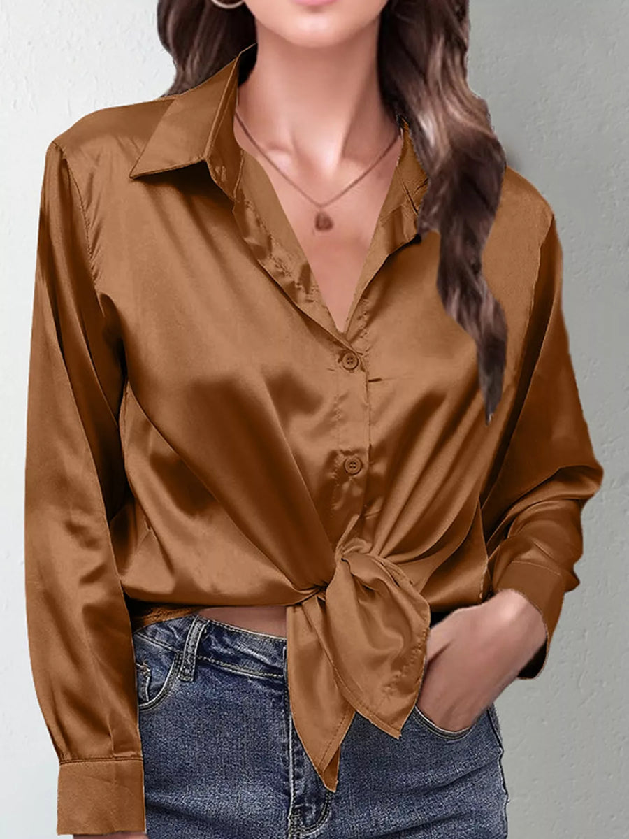 Satin Button-Down Long Sleeve Shirt