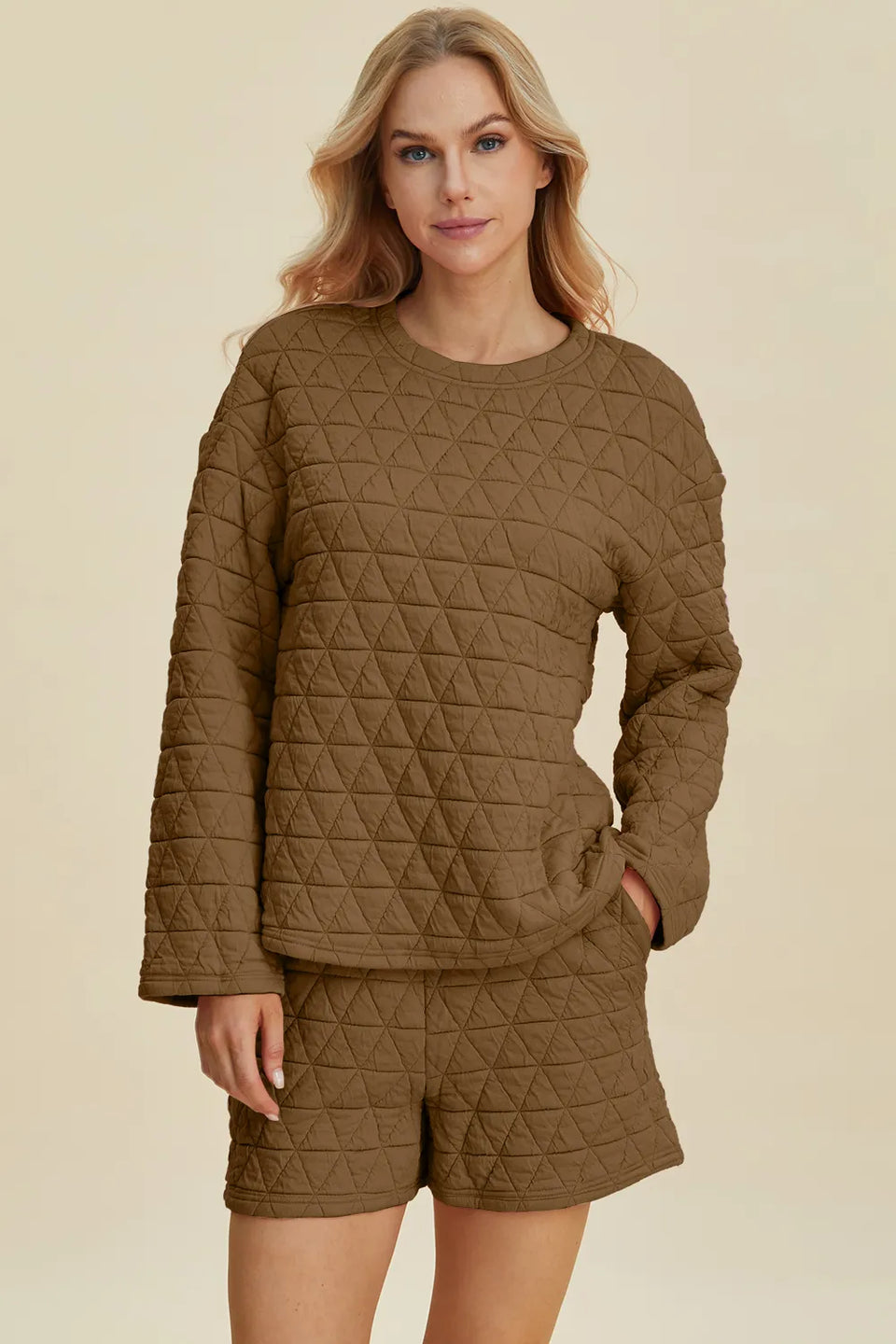 Double Take Textured Long Sleeve Top and Shorts Set