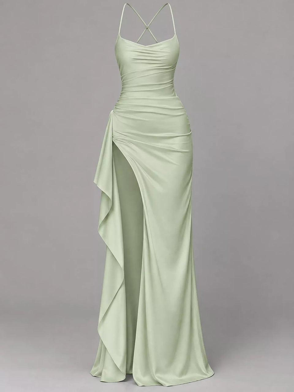 Satin Ruched High-Slit Maxi Dress